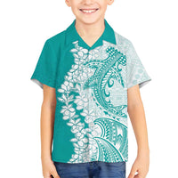 Polynesian Teal Plumeria Lei Family Matching Summer Maxi Dress and Hawaiian Shirt with Hammerhead Shark LT7 Son's Shirt Teal - Polynesian Pride