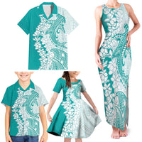Polynesian Teal Plumeria Lei Family Matching Tank Maxi Dress and Hawaiian Shirt with Hammerhead Shark LT7 - Polynesian Pride