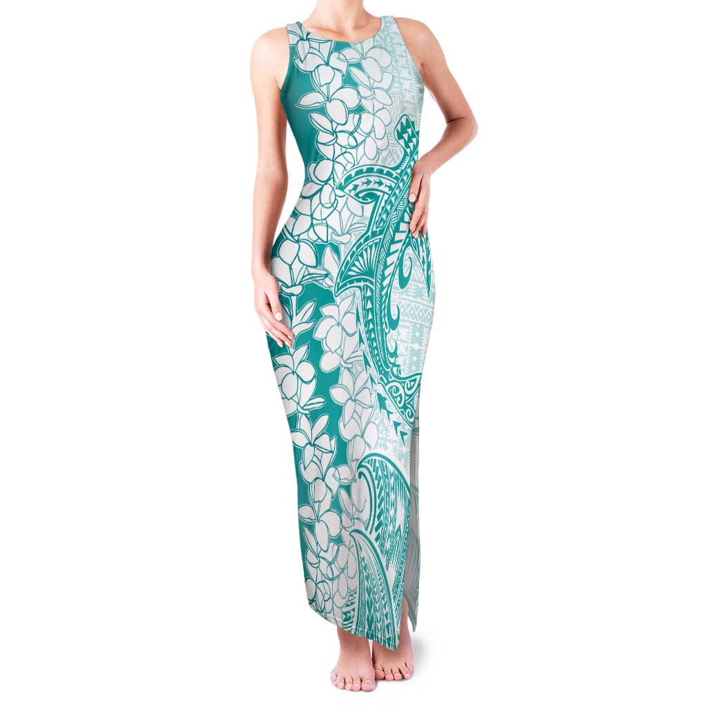 Polynesian Teal Plumeria Lei Family Matching Tank Maxi Dress and Hawaiian Shirt with Hammerhead Shark LT7 Mom's Dress Teal - Polynesian Pride