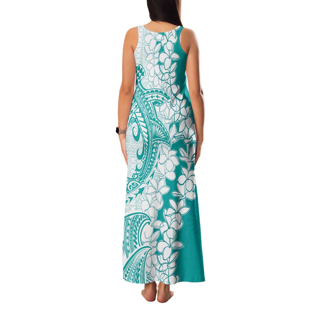 Polynesian Teal Plumeria Lei Family Matching Tank Maxi Dress and Hawaiian Shirt with Hammerhead Shark LT7 - Polynesian Pride