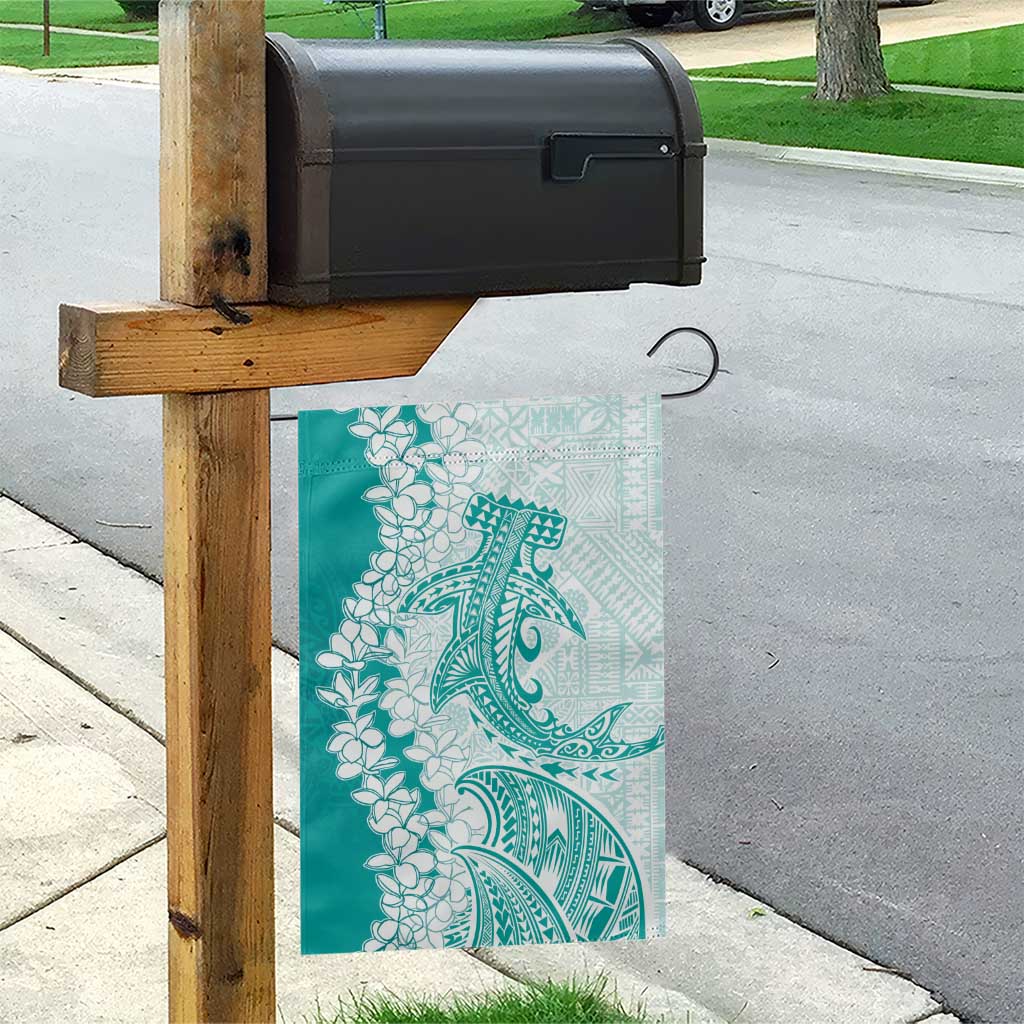 Polynesian Teal Plumeria Lei Garden Flag with Hammerhead Shark