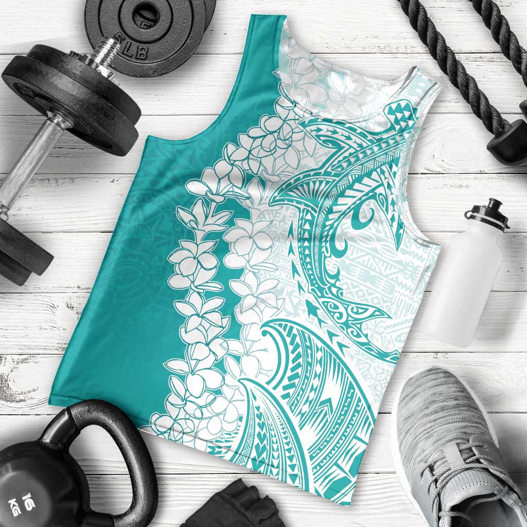 Polynesian Teal Plumeria Lei Men Tank Top with Hammerhead Shark