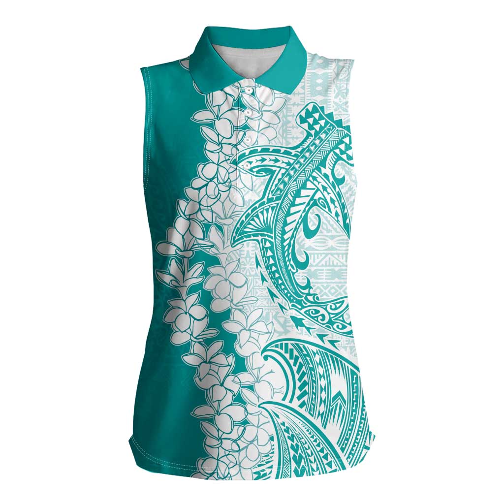 Polynesian Teal Plumeria Lei Women Sleeveless Polo Shirt with Hammerhead Shark