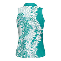 Polynesian Teal Plumeria Lei Women Sleeveless Polo Shirt with Hammerhead Shark