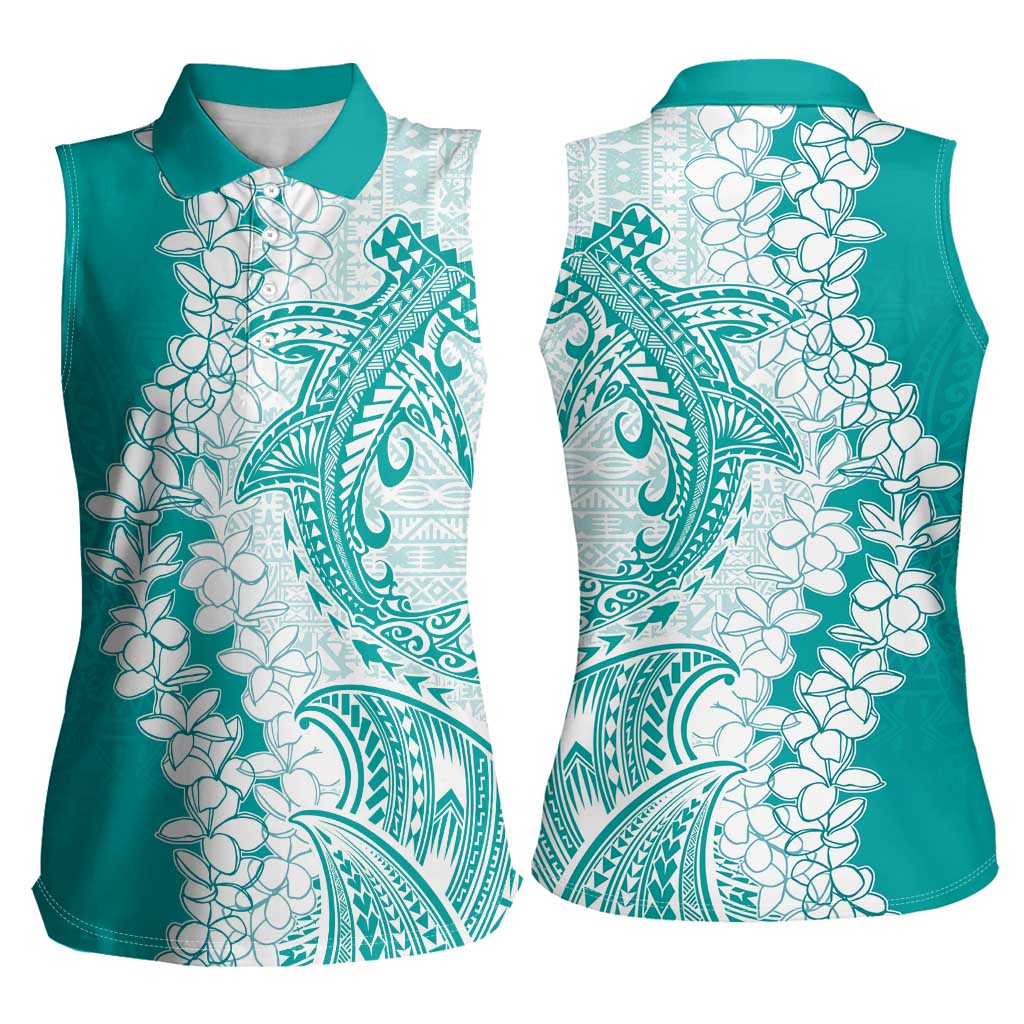 Polynesian Teal Plumeria Lei Women Sleeveless Polo Shirt with Hammerhead Shark