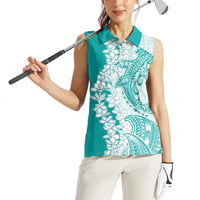 Polynesian Teal Plumeria Lei Women Sleeveless Polo Shirt with Hammerhead Shark