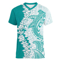 Polynesian Teal Plumeria Lei Women V-Neck T-Shirt with Hammerhead Shark