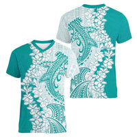Polynesian Teal Plumeria Lei Women V-Neck T-Shirt with Hammerhead Shark