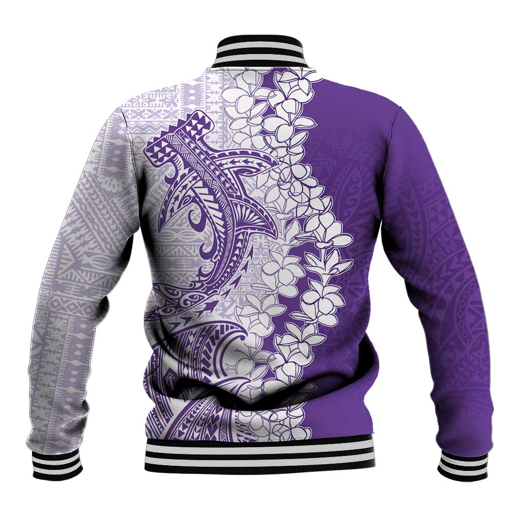 Polynesian Purple Plumeria Lei Baseball Jacket with Hammerhead Shark