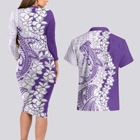 Polynesian Purple Plumeria Lei Couples Matching Long Sleeve Bodycon Dress and Hawaiian Shirt with Hammerhead Shark LT7 - Polynesian Pride