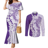 Polynesian Purple Plumeria Lei Couples Matching Mermaid Dress and Long Sleeve Button Shirt with Hammerhead Shark