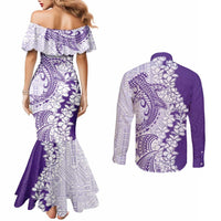 Polynesian Purple Plumeria Lei Couples Matching Mermaid Dress and Long Sleeve Button Shirt with Hammerhead Shark