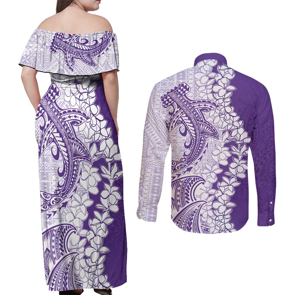Polynesian Purple Plumeria Lei Couples Matching Off Shoulder Maxi Dress and Long Sleeve Button Shirt with Hammerhead Shark