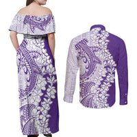 Polynesian Purple Plumeria Lei Couples Matching Off Shoulder Maxi Dress and Long Sleeve Button Shirt with Hammerhead Shark