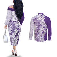 Polynesian Purple Plumeria Lei Couples Matching Off The Shoulder Long Sleeve Dress and Long Sleeve Button Shirt with Hammerhead Shark
