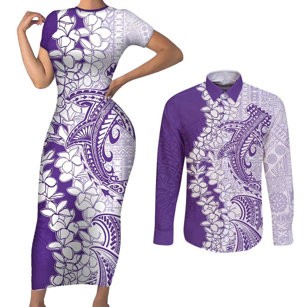 Polynesian Purple Plumeria Lei Couples Matching Short Sleeve Bodycon Dress and Long Sleeve Button Shirt with Hammerhead Shark