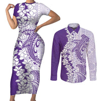 Polynesian Purple Plumeria Lei Couples Matching Short Sleeve Bodycon Dress and Long Sleeve Button Shirt with Hammerhead Shark