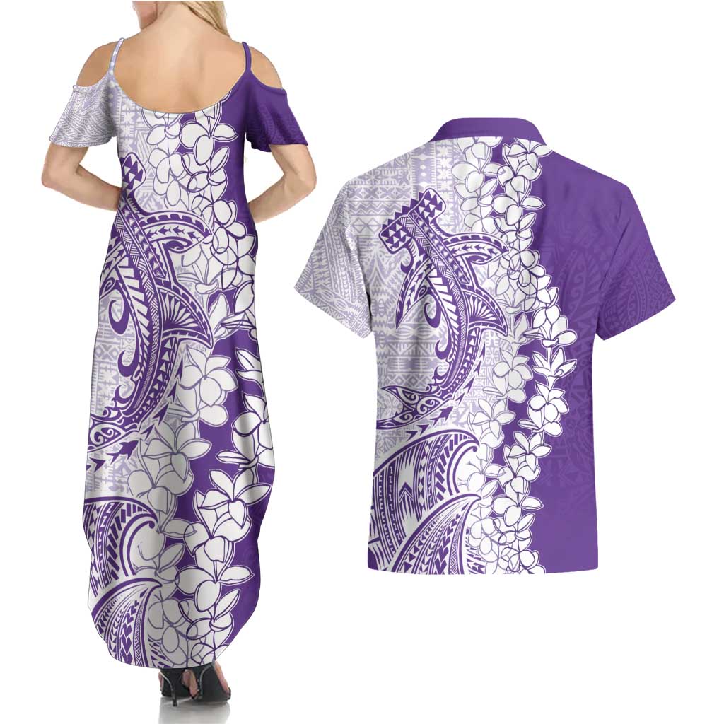 Polynesian Purple Plumeria Lei Couples Matching Summer Maxi Dress and Hawaiian Shirt with Hammerhead Shark