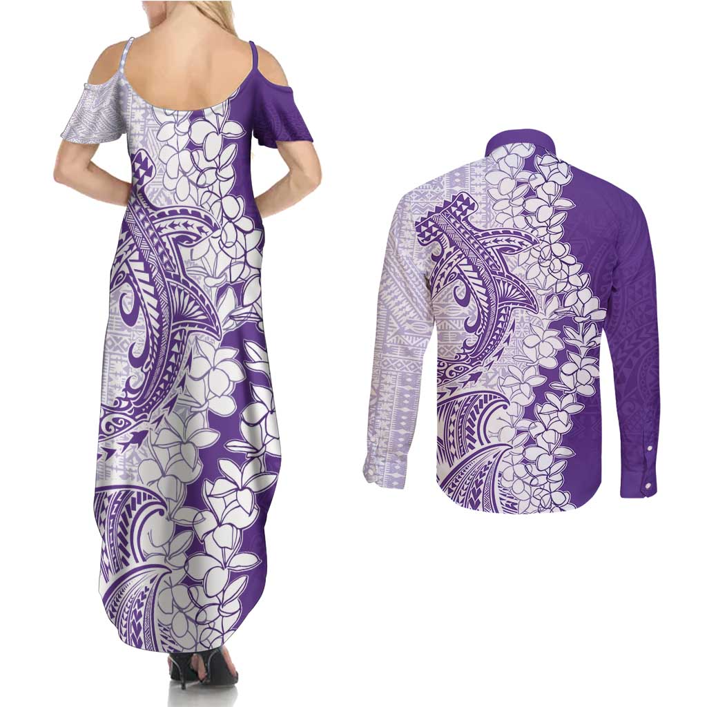Polynesian Purple Plumeria Lei Couples Matching Summer Maxi Dress and Long Sleeve Button Shirt with Hammerhead Shark