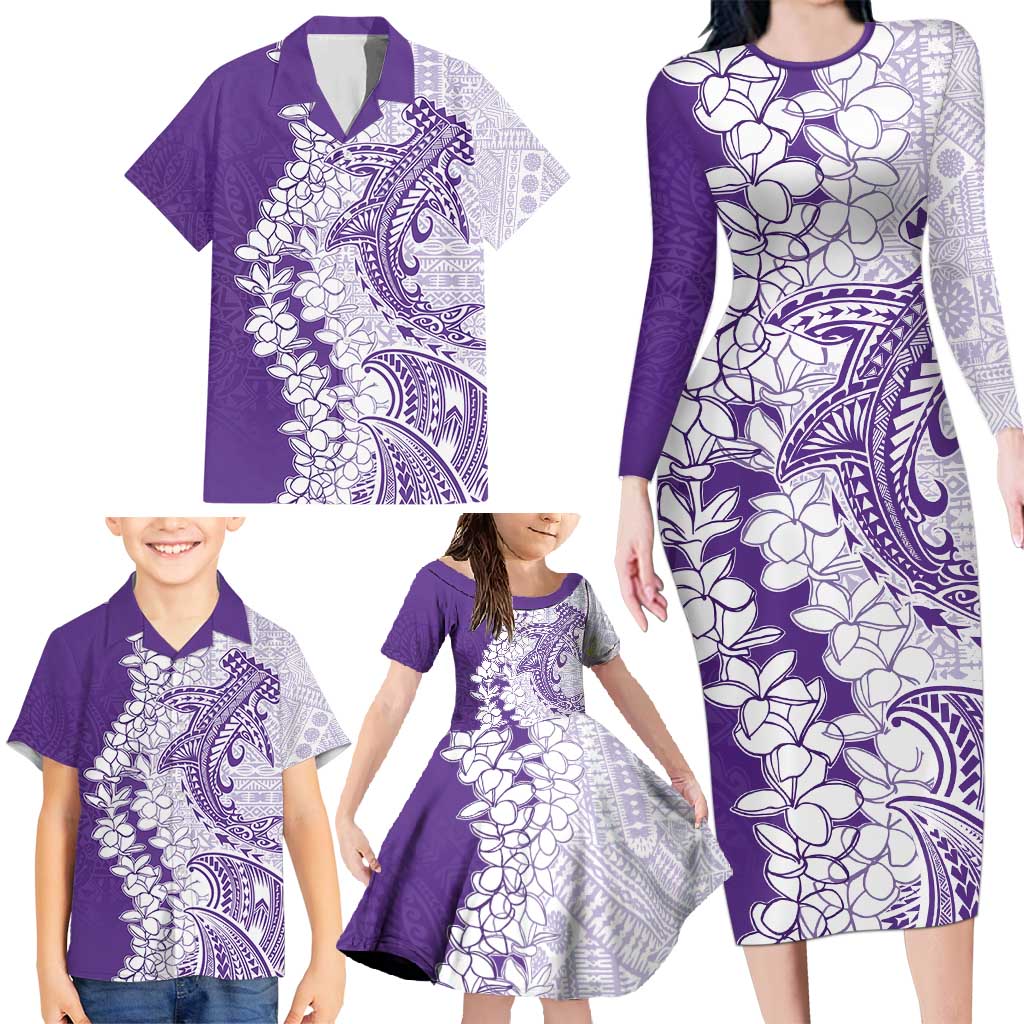Polynesian Purple Plumeria Lei Family Matching Long Sleeve Bodycon Dress and Hawaiian Shirt with Hammerhead Shark LT7 - Polynesian Pride