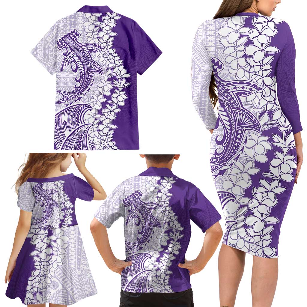 Polynesian Purple Plumeria Lei Family Matching Long Sleeve Bodycon Dress and Hawaiian Shirt with Hammerhead Shark LT7 - Polynesian Pride