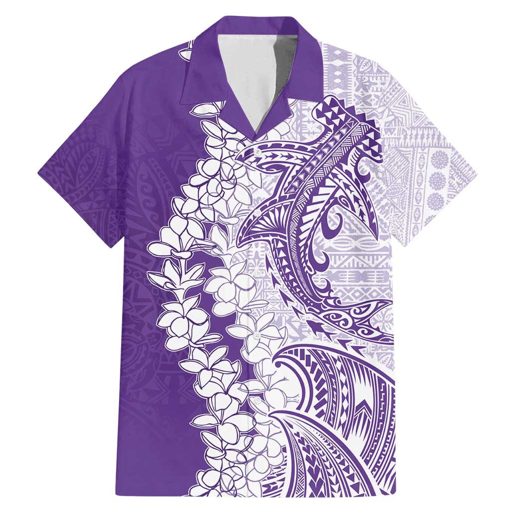 Polynesian Purple Plumeria Lei Family Matching Mermaid Dress and Hawaiian Shirt with Hammerhead Shark LT7 Dad's Shirt - Short Sleeve Purple - Polynesian Pride