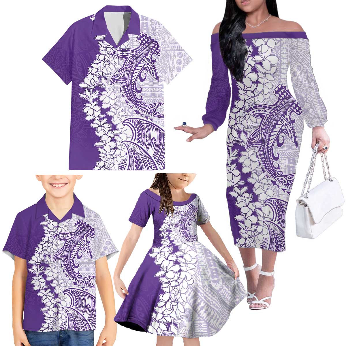 Polynesian Purple Plumeria Lei Family Matching Off The Shoulder Long Sleeve Dress and Hawaiian Shirt with Hammerhead Shark LT7 - Polynesian Pride