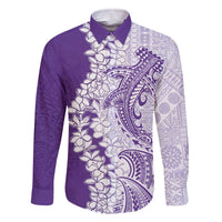 Polynesian Purple Plumeria Lei Family Matching Off The Shoulder Long Sleeve Dress and Hawaiian Shirt with Hammerhead Shark LT7 Dad's Shirt - Long Sleeve Purple - Polynesian Pride