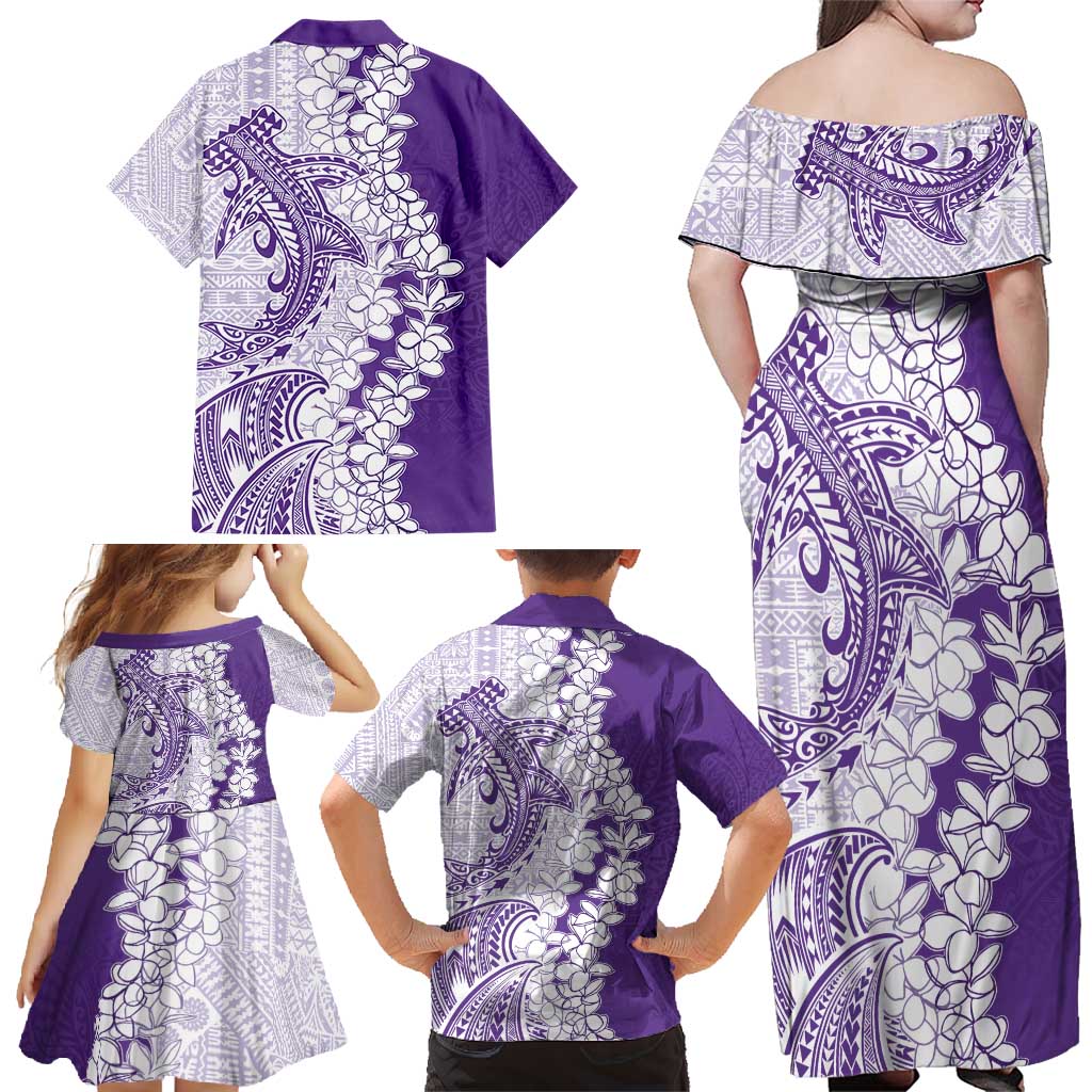 Polynesian Purple Plumeria Lei Family Matching Off Shoulder Maxi Dress and Hawaiian Shirt with Hammerhead Shark LT7 - Polynesian Pride