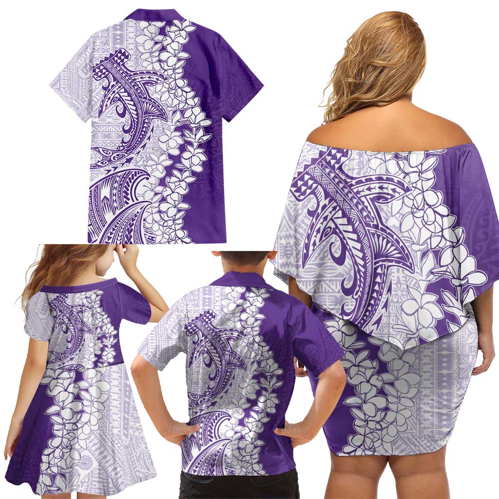 Polynesian Purple Plumeria Lei Family Matching Off Shoulder Short Dress and Hawaiian Shirt with Hammerhead Shark LT7 - Polynesian Pride
