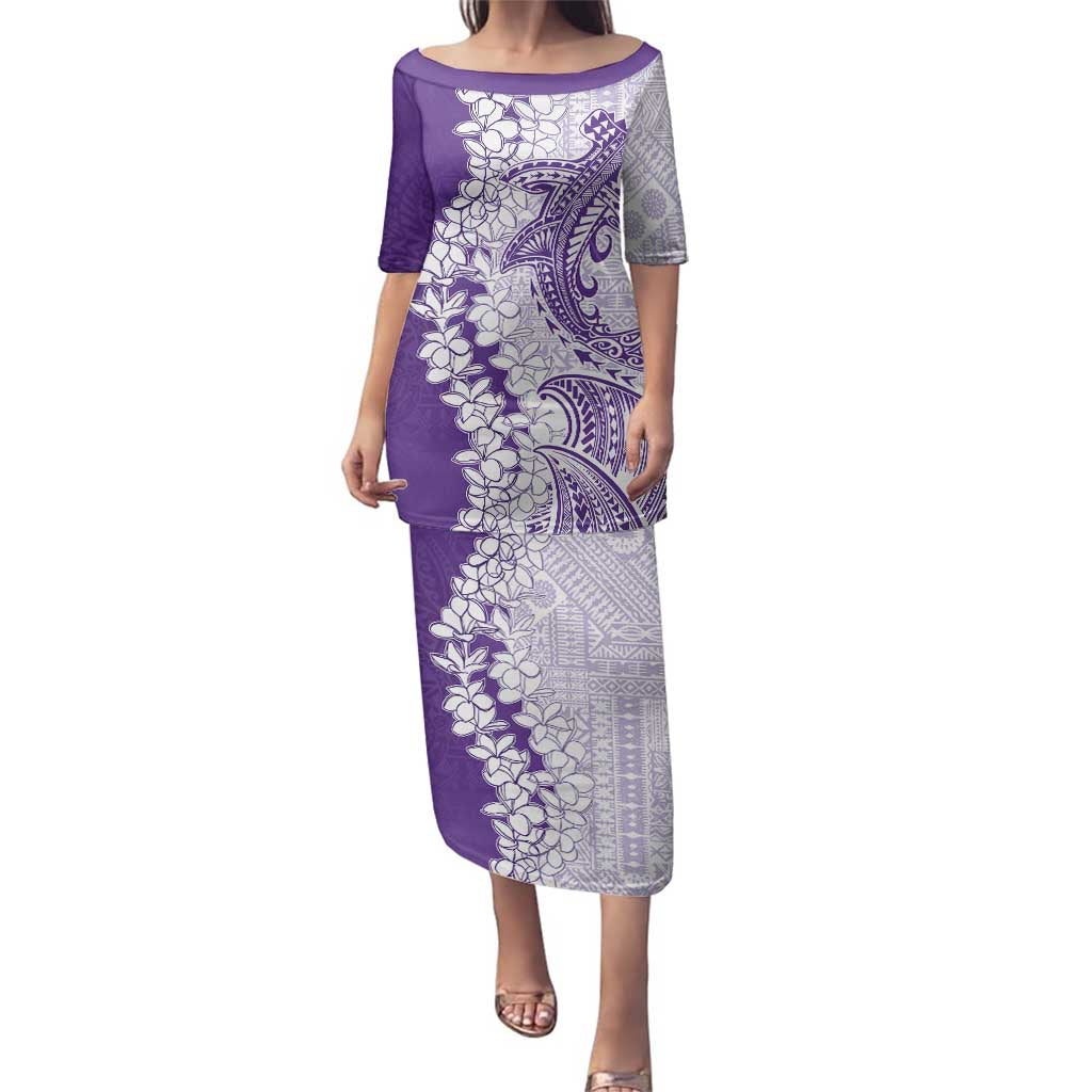 Polynesian Purple Plumeria Lei Family Matching Puletasi and Hawaiian Shirt with Hammerhead Shark LT7 Mom's Dress Purple - Polynesian Pride