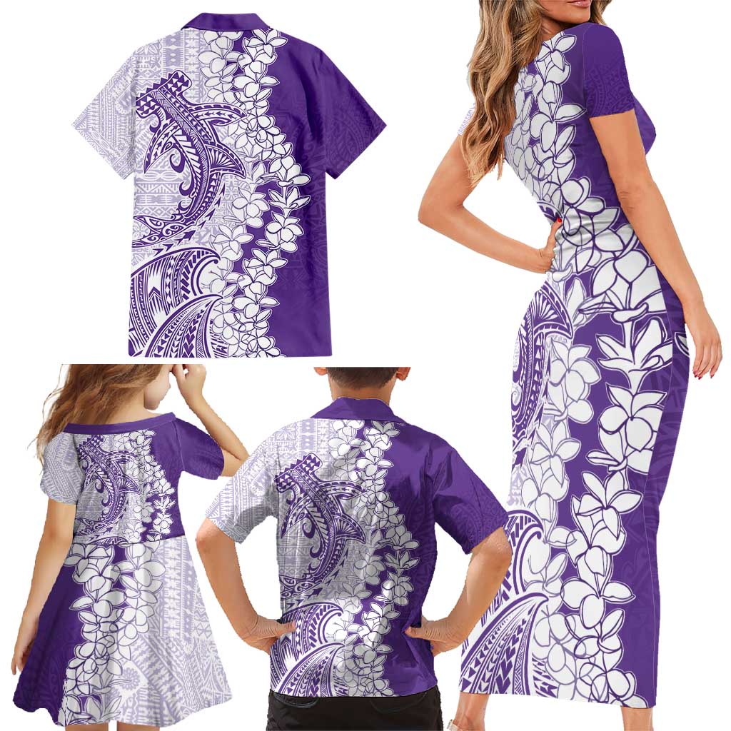 Polynesian Purple Plumeria Lei Family Matching Short Sleeve Bodycon Dress and Hawaiian Shirt with Hammerhead Shark LT7 - Polynesian Pride