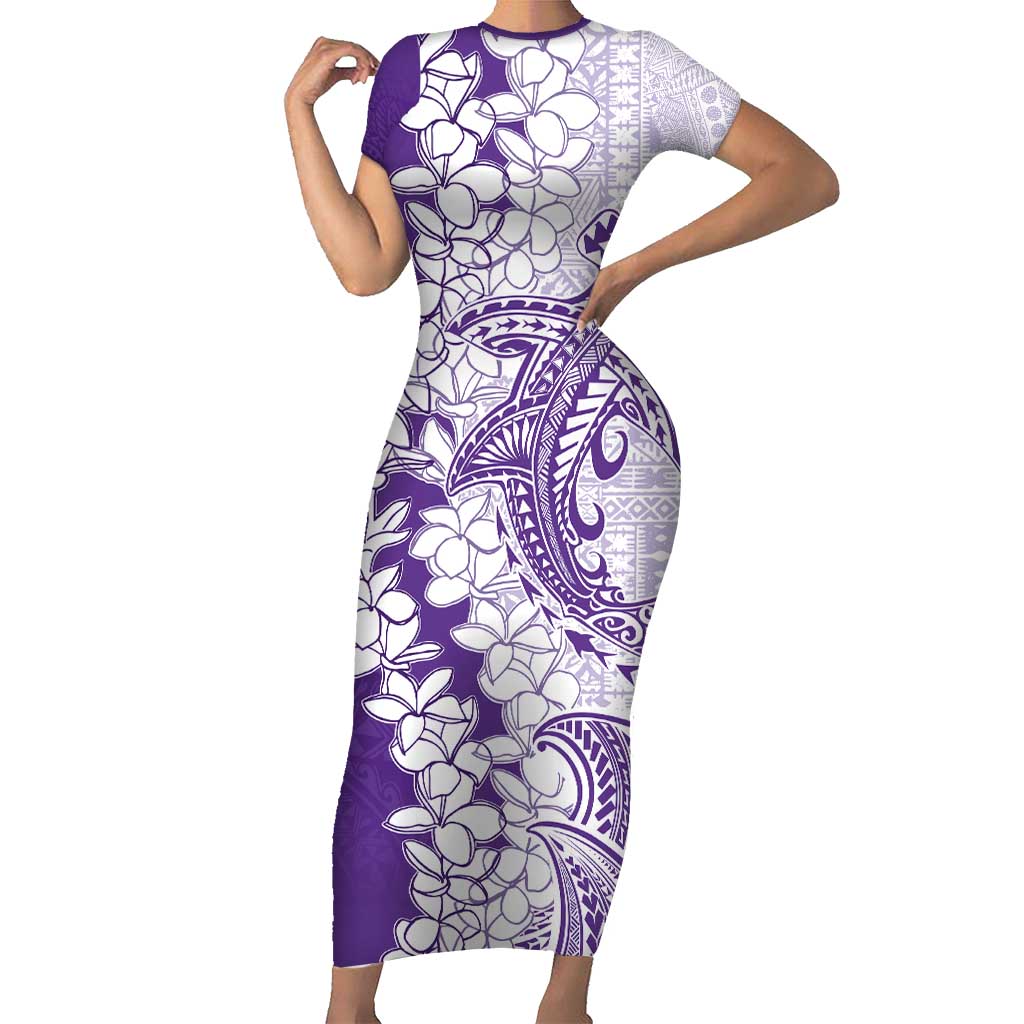 Polynesian Purple Plumeria Lei Family Matching Short Sleeve Bodycon Dress and Hawaiian Shirt with Hammerhead Shark LT7 Mom's Dress Purple - Polynesian Pride