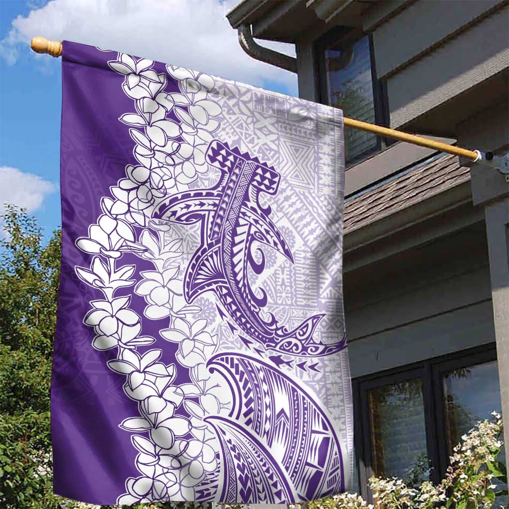 Polynesian Purple Plumeria Lei Garden Flag with Hammerhead Shark LT7 - Polynesian Pride