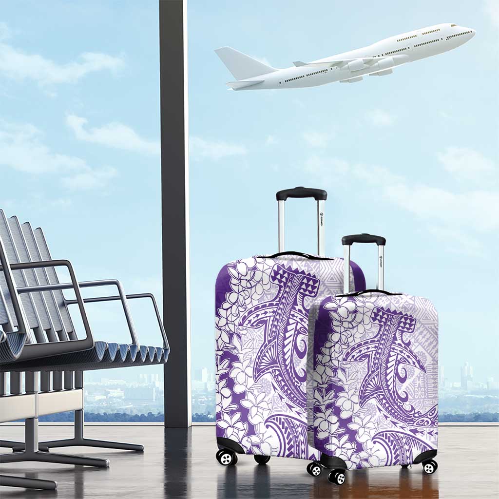 Polynesian Purple Plumeria Lei Luggage Cover with Hammerhead Shark