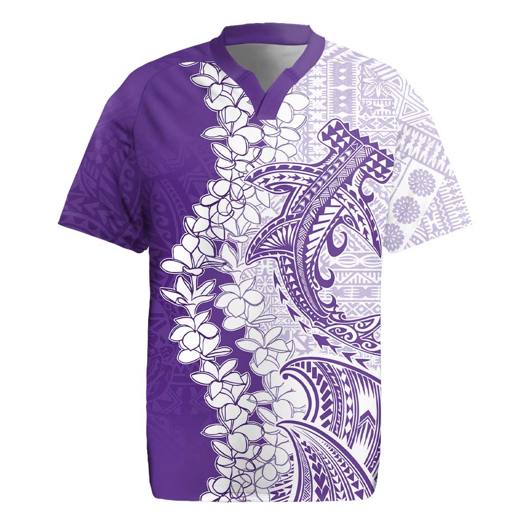 Polynesian Purple Plumeria Lei Rugby Jersey with Hammerhead Shark LT7 Purple - Polynesian Pride