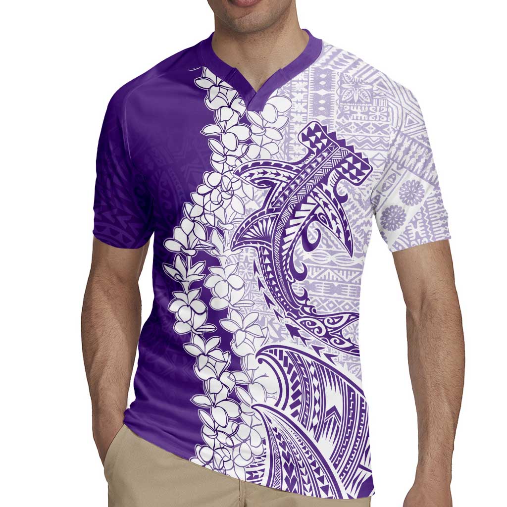 Polynesian Purple Plumeria Lei Rugby Jersey with Hammerhead Shark LT7 - Polynesian Pride