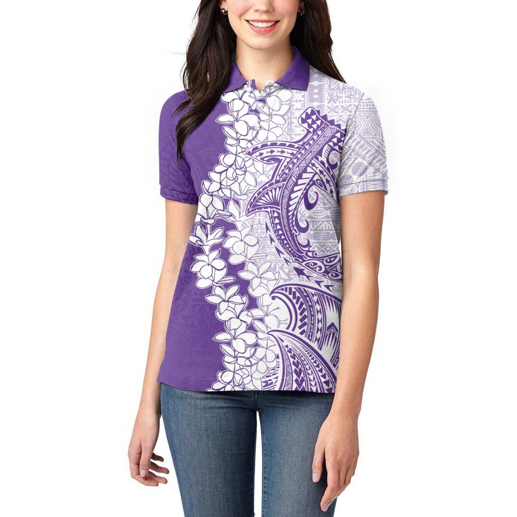 Polynesian Purple Plumeria Lei Women Polo Shirt with Hammerhead Shark