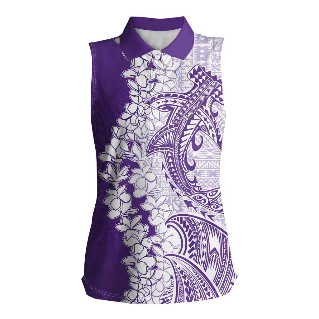 Polynesian Purple Plumeria Lei Women Sleeveless Polo Shirt with Hammerhead Shark