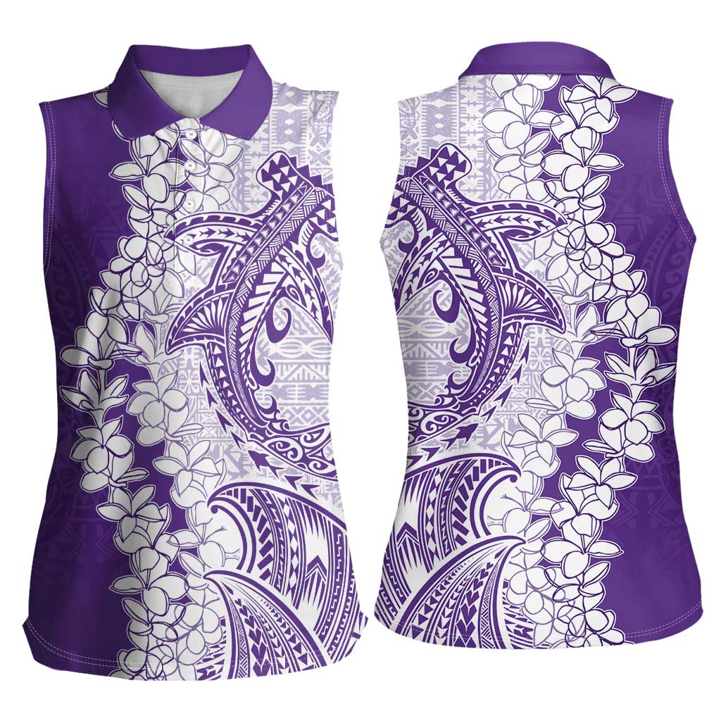 Polynesian Purple Plumeria Lei Women Sleeveless Polo Shirt with Hammerhead Shark