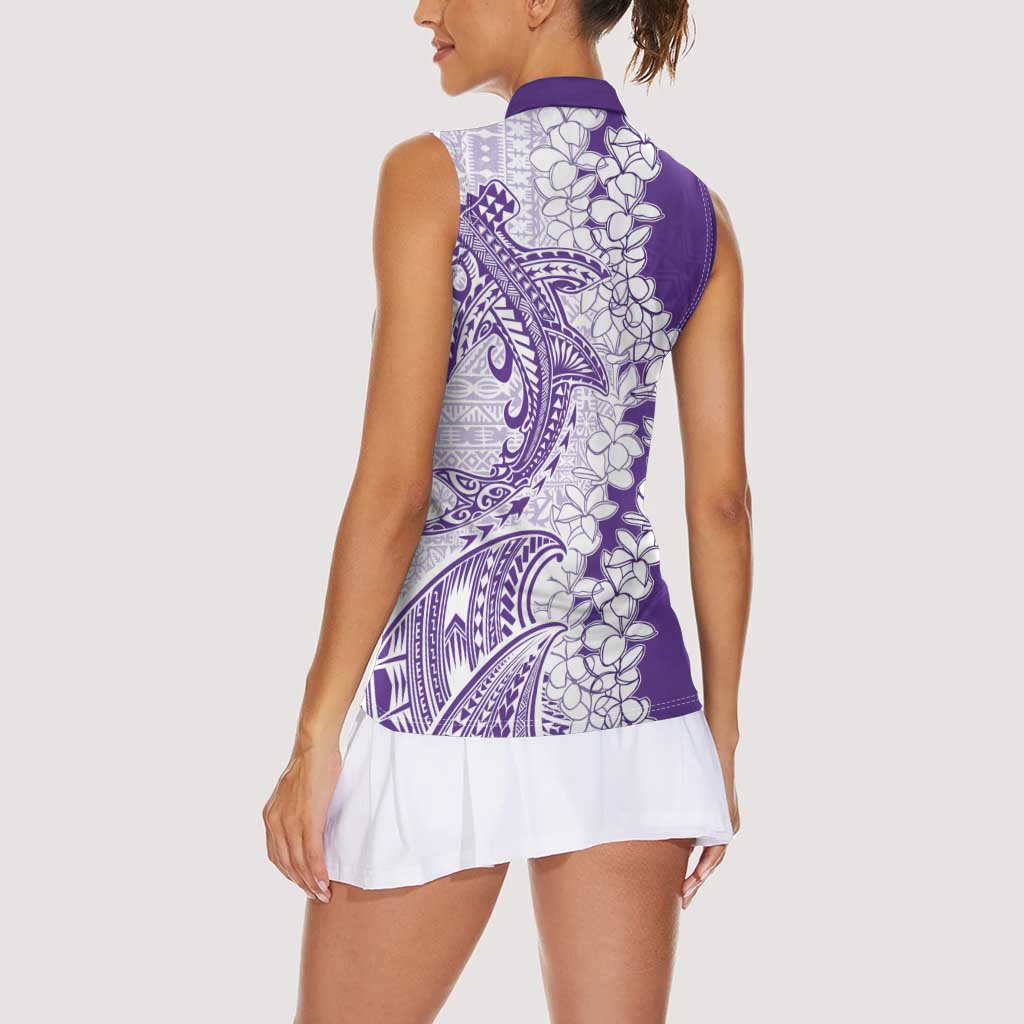 Polynesian Purple Plumeria Lei Women Sleeveless Polo Shirt with Hammerhead Shark