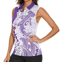 Polynesian Purple Plumeria Lei Women Sleeveless Polo Shirt with Hammerhead Shark