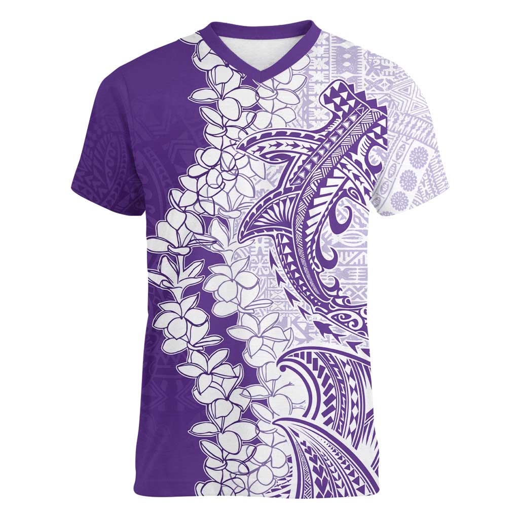 Polynesian Purple Plumeria Lei Women V-Neck T-Shirt with Hammerhead Shark