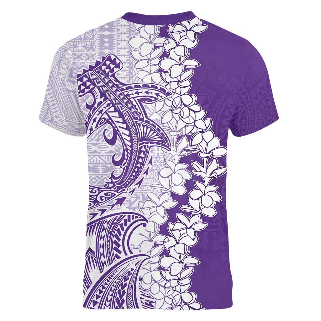 Polynesian Purple Plumeria Lei Women V-Neck T-Shirt with Hammerhead Shark