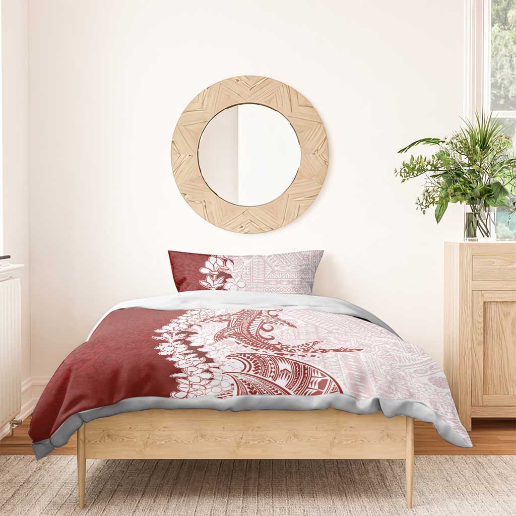 Polynesian Crimson Plumeria Lei Bedding Set with Hammerhead Shark