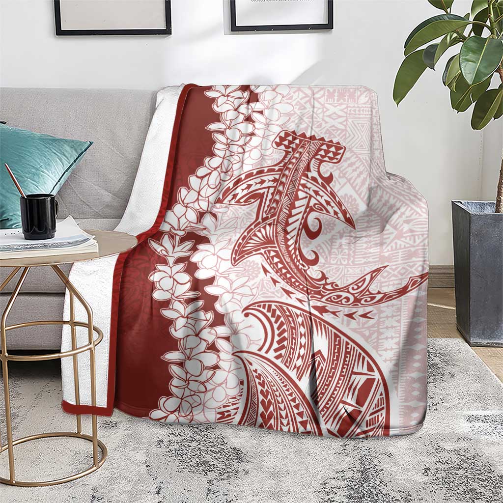 Polynesian Crimson Plumeria Lei Blanket with Hammerhead Shark