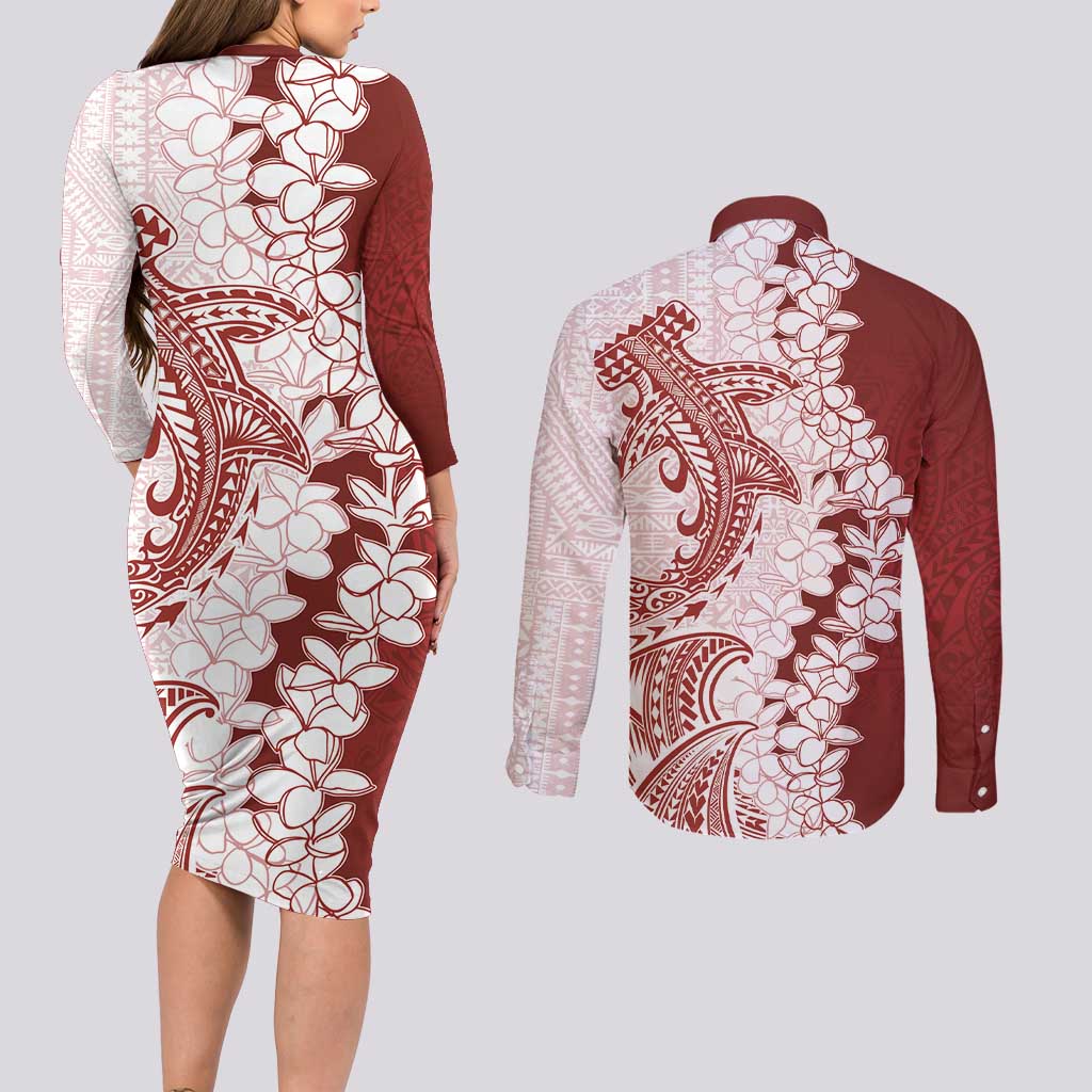 Polynesian Crimson Plumeria Lei Couples Matching Long Sleeve Bodycon Dress and Long Sleeve Button Shirt with Hammerhead Shark