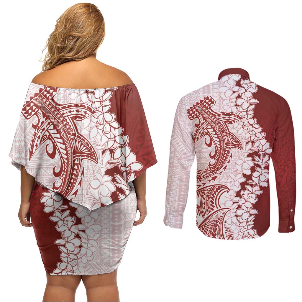 Polynesian Crimson Plumeria Lei Couples Matching Off Shoulder Short Dress and Long Sleeve Button Shirt with Hammerhead Shark