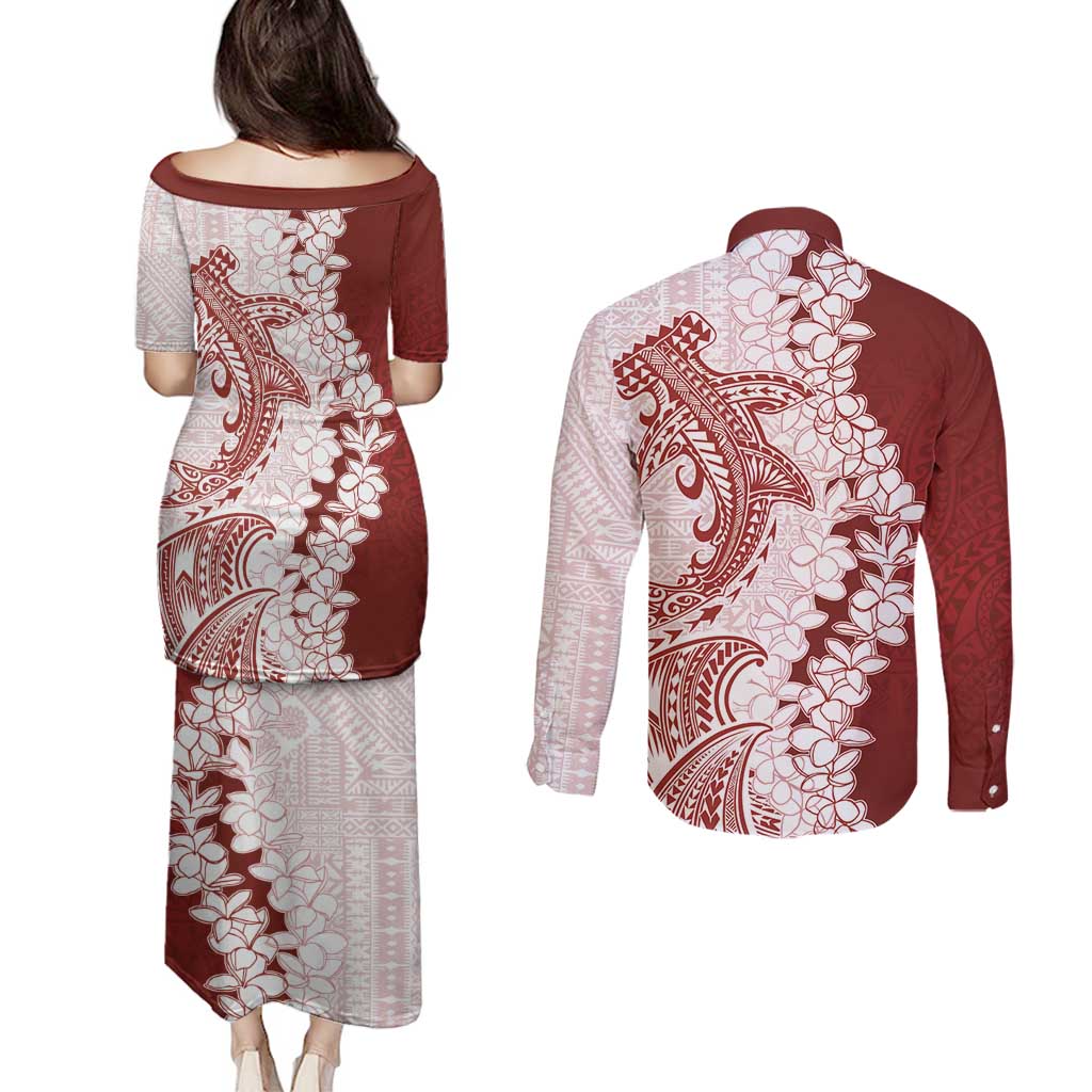 Polynesian Crimson Plumeria Lei Couples Matching Puletasi and Long Sleeve Button Shirt with Hammerhead Shark
