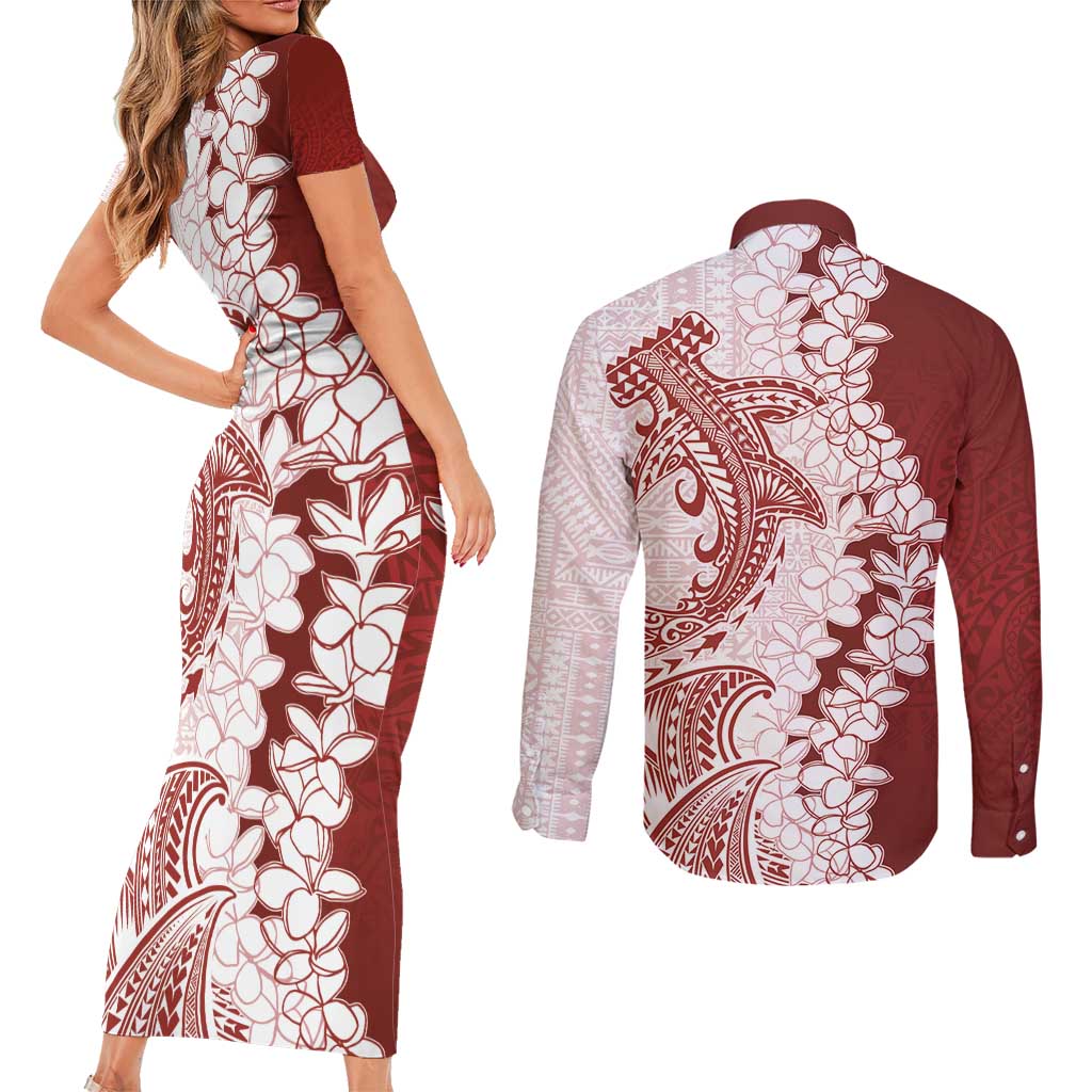 Polynesian Crimson Plumeria Lei Couples Matching Short Sleeve Bodycon Dress and Long Sleeve Button Shirt with Hammerhead Shark